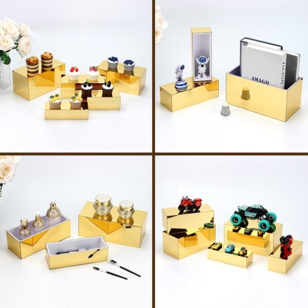 oem/odm rectangular acrylic food display risers, 5 pcs gold mirror boxes display nesting stands, buffet risers for table party dessert collectibles jewelry figures wholesale supplier & factory