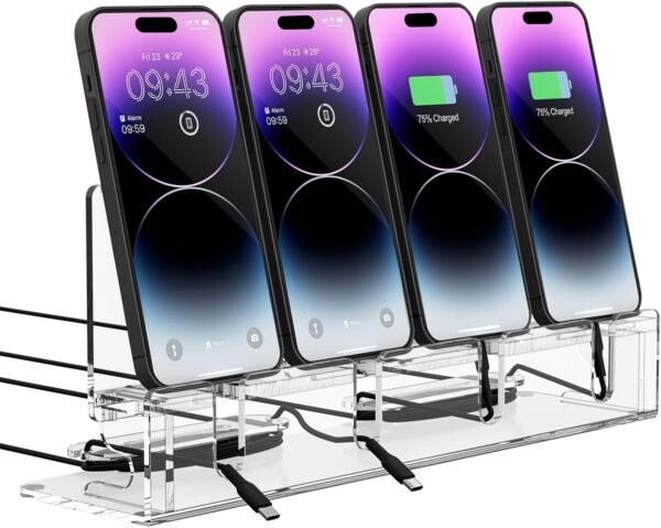 oem/odm cell phone stand, multiple phone holder organizer stand for 4 phones, acrylic desktop mobile phone docking station charging holder (clear) wholesale supplier & factory