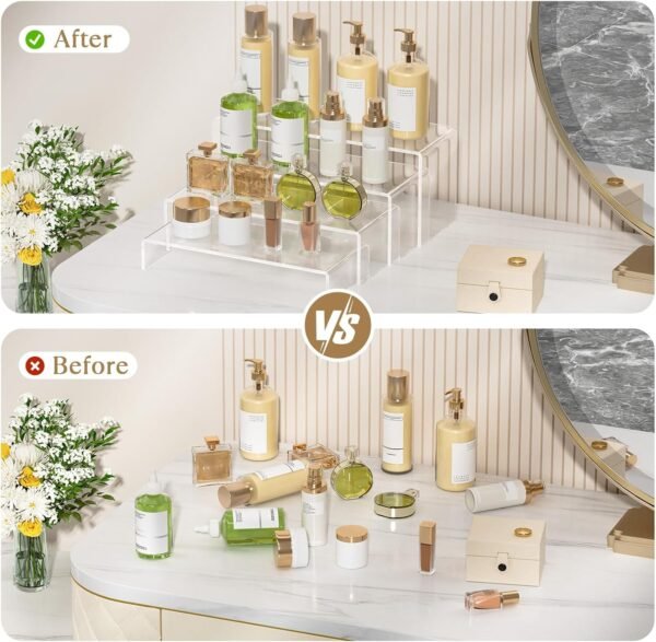 oem/odm maxgear 8 pcs 2 sets acrylic display risers, 8",8",9",9", 4 tier clear plastic rectangle display stand shelf for figures, desserts, perfume, cupcakes, strong support riser for retail, jewelry, shoes wholesale supplier & factory