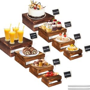 oem/odm 8 pcs buffet risers with mini signs, rustic wood cake stands, food risers for buffet table, dessert display stand, wood crates, rustic cake stand for party, wedding, birthday, baby shower, 4 sizes wholesale supplier & factory