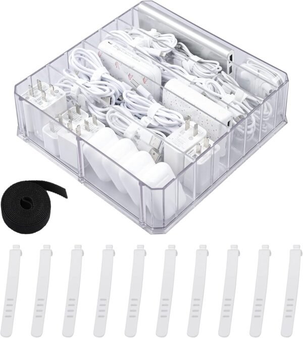 oem/odm yesesion clear plastic cable organizer box with 3.2ft fastening tape and 10 wire ties, large desk accessories storage case with 8 adjustable compartments for drawer, office, art, stationery supplies wholesale supplier & factory