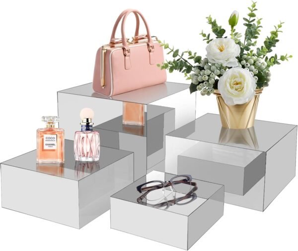 oem/odm 4pcs acrylic risers display stands, food risers for buffet table, table risers for display, acrylic riser for display, acrylic cube mirror risers for catering dessert, jewelry collectibles party, silver wholesale supplier & factory