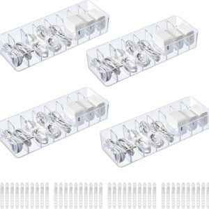 oem/odm 4 pack plastic cord organizer box with 40 wire ties, electronics accessories storage case, clear cell phone cord storage organizer with 8 compartments for home office desk organizers and accessories wholesale supplier & factory
