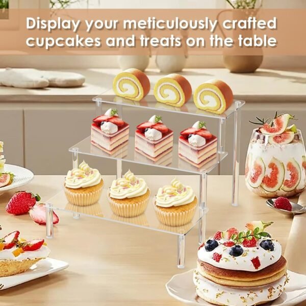 oem/odm acrylic display risers,clear display risers stand small mini shelf 3 tiered cupcake stand for food desserts stand shelves for party perfume organizer toys figures collections cosmetic products tabletop use wholesale supplier & factory