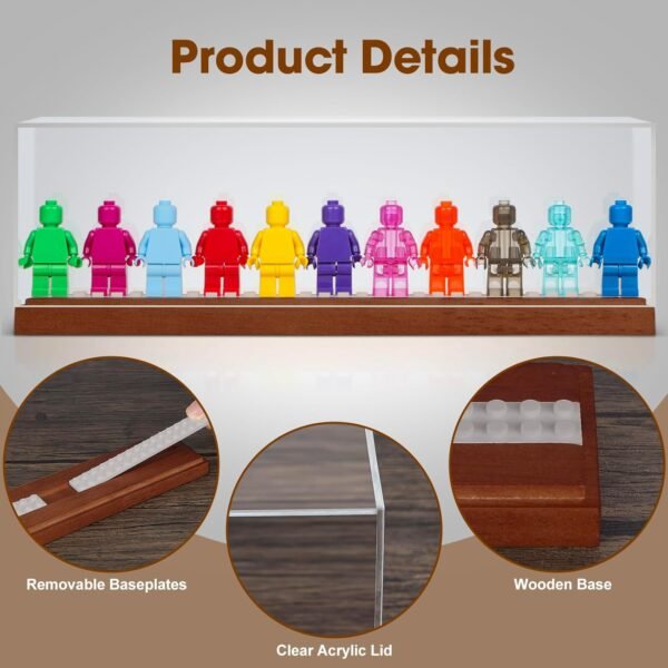 oem/odm display case compatible with mini action figures, shelf display stand storage box for all major brands interlocking figure with wooden base and acrylic lid, 26 x 5.6 cm wholesale supplier & factory