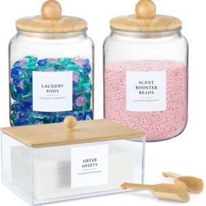 oem/odm glass jars and dryer sheet holder with bamboo lids, dispenser set and labels, containers for laundry room organization and storage, half gallon airtight jars, acrylic storage box for laundry supplies wholesale supplier & factory