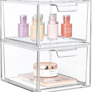 oem/odm 2 pack stackable makeup organizer and storage, acrylic organizers，clear plastic storage drawer with handles for vanity, undersink, kitchen cabinets, pantry wholesale supplier & factory