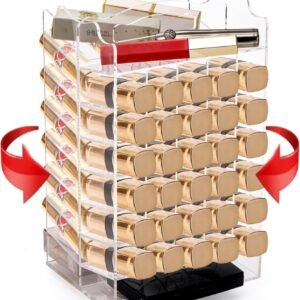 oem/odm 64 slots rotating lipstick organizer, acrylic spinning lipgloss tower holder, clear rotable lip gloss organizer case, lip stick display rack stand, cosmetic makeup accessories for lip balm wholesale supplier & factory