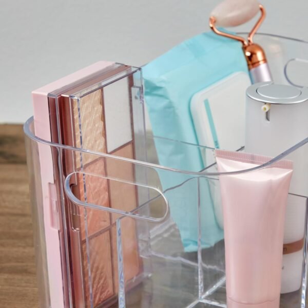 oem/odm stori bliss 5-compartment plastic cosmetics storage organizer | clear | rectangular divided makeup bin & vanity caddy with pass-through handles | round corner design | made in usa wholesale supplier & factory