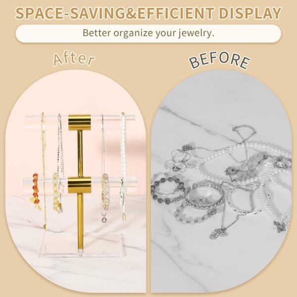oem/odm necklace holder bracelet holder, 2-tier acrylic jewelry display stand gold jewelry tower stand crystal t bar jewelry organizer gift for women(2-tier 1pc) wholesale supplier & factory
