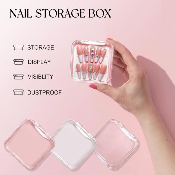 oem/odm 9pcs press on nail storage box in 3 colors, false nails acrylic display case with 9pcs fake nails display cards and 20pcs adhesive double sided tape for nail art home salon packaging use wholesale supplier & factory