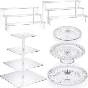 oem/odm 6 pcs acrylic cake stands set include 2 pcs display risers 1 pcs 4 tier cupcake tower and 3 clear round dessert trays cake table holder for wedding baby shower tea party decoration(square) wholesale supplier & factory