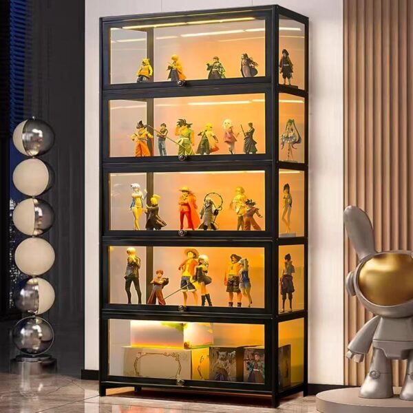 oem/odm curio display cabinet, 5 tier storage shelves with acrylic glass door, transparent bamboo display case for figures, display shelves for collectibles & kids bookcase for home (black flip door) wholesale supplier & factory