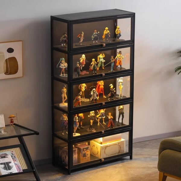 oem/odm curio display cabinet, 5 tier storage shelves with acrylic glass door, transparent bamboo display case for figures, display shelves for collectibles & kids bookcase for home (black flip door) wholesale supplier & factory