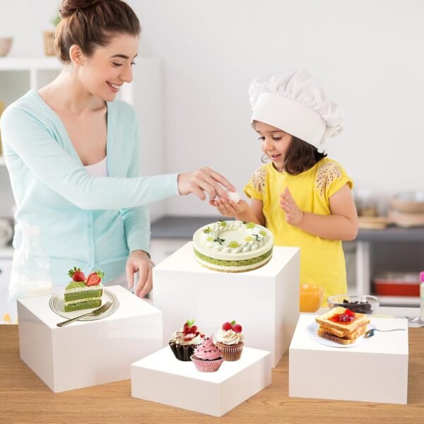 oem/odm acrylic buffet risers, 4 pcs risers display stands, food risers for buffet table, acrylic display cube box, white nesting risers for display dessret cupcake collectibles jewelry, with 4 mini signs wholesale supplier & factory
