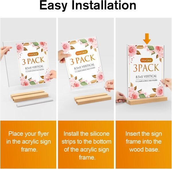 oem/odm maxgear l/t shape acrylic sign holder, 8.5 x 11 clear table display stand with wooden base, flyer menu holder photo frames paper stand for office, wedding, restaurants, hotels 3 pack wholesale supplier & factory
