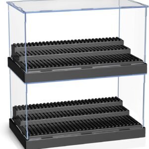 oem/odm kku display case for minifigure action figures blocks, acrylic minifigure display case box storage with 3 movable steps gift for kids adults black, 2 pack wholesale supplier & factory