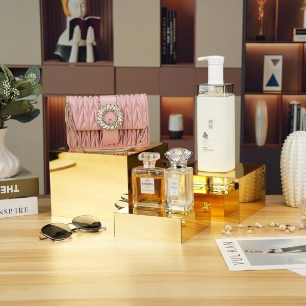 oem/odm display nesting riser stands ,mirror gold acrylic stereoscopic display stand,6 sizes, hollow bottom, food display lifter,acrylic box rack dessert collection jewelry character party rack wholesale supplier & factory