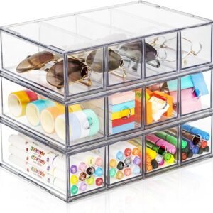 oem/odm desk organizer with 12 drawers, fodiens 3 packs stackable desktop storage box with removable drawer, clear sunglasses organizer display case for stationery marker pens eyeglasses office supply wholesale supplier & factory