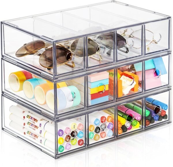 oem/odm desk organizer with 12 drawers, fodiens 3 packs stackable desktop storage box with removable drawer, clear sunglasses organizer display case for stationery marker pens eyeglasses office supply wholesale supplier & factory