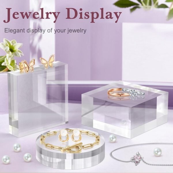 oem/odm acrylic base stand 4 pieces acrylic blocks for display 4 x 4 x 1 inch clear polished block round cube riser display pedestal stands for jewelry perfume ring collection props cake wholesale supplier & factory
