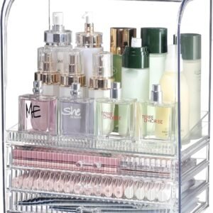 oem/odm clear acrylic makeup organizer for vanity with lid,large capacity bathroom countertop organizer and storage with 3 drawers,dustproof cosmetics organizer for cologne perfume,beauty,skincare container wholesale supplier & factory