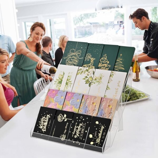 oem/odm pecmuikee greeting card display, 4 tiers clear acrylic sticker display stand for vendors retail, display photo stand for counter tabletop display supplies, 1 set wholesale supplier & factory