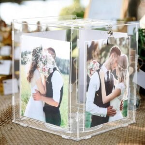 oem/odm ourwarm acrylic wedding card box with picture frame for 8x10 photos, large rotatable envelope post money gift box holder with lock slot for reception anniversary graduation birthday party baby shower wholesale supplier & factory