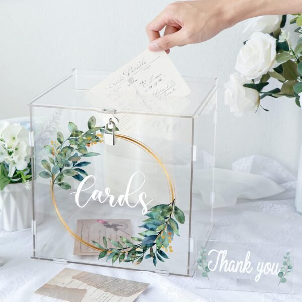 oem/odm ourwarm clear acrylic card box with lock & slot, thick diy wedding card box for wedding reception, large money gift box eucalyptus graduation card box for party graduation birthday baby shower wholesale supplier & factory