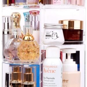 oem/odm sanipoe rotating makeup organizer,spinning skincare organizer,cosmetic display case with brush holder perfume tray,multi-function storage carousel for vanity bathroom countertop,clear wholesale supplier & factory