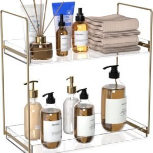 oem/odm bathroom countertop organizer, 2 tier acrylic tray vanity counter skincare organizer shelf, kitchen under sink standing rack, home storage holder for lotion makeup cosmetics perfume spice, gold wholesale supplier & factory