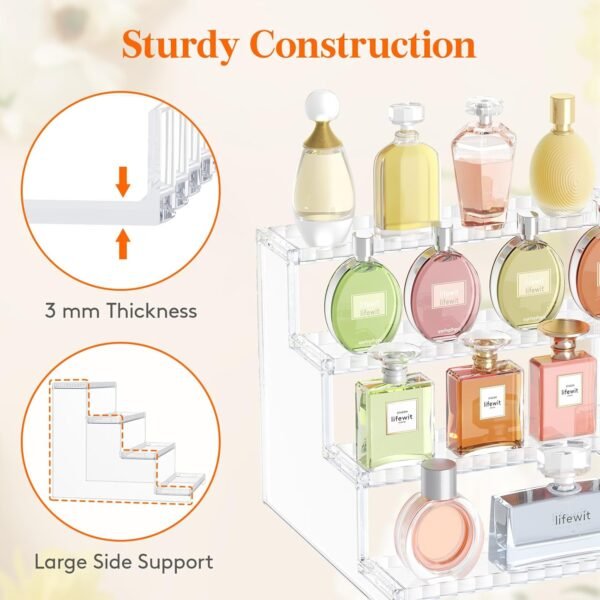 oem/odm lifewit 4 tier clear display risers stand with decorative fences, plastic 12 inch perfume organizer, display for figures, cupcake, dessert, desktop stand for organization and decor, 1 pack wholesale supplier & factory