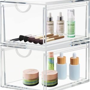 oem/odm 2 pack stackable cosmetic organizer drawers, clear acrylic makeup storage organizer box, plastic storage bins vanity container for bathroom countertop, bedroom dresser, kitchen cabinets wholesale supplier & factory
