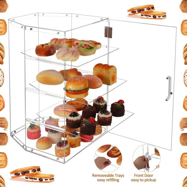oem/odm large pastry display case, acrylic bread box with front door, cake donut sourdough bread baking supplies and accessories, for bakery kitchen stuff countertop (4-tier) wholesale supplier & factory