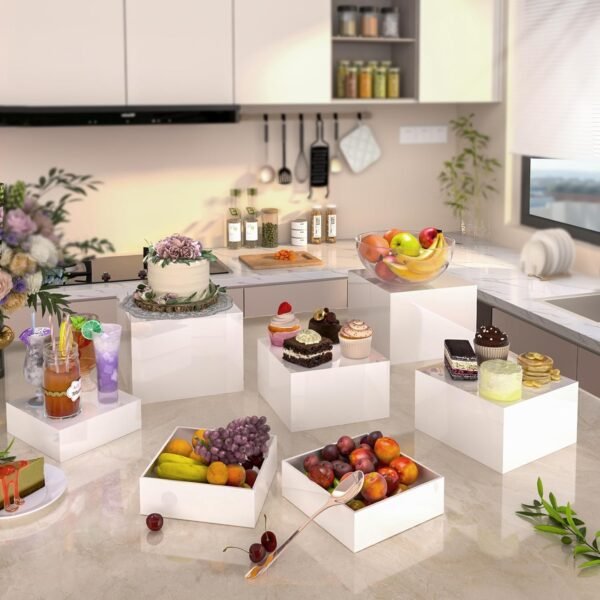 oem/odm buffet risers, food display risers for party, white acrylic risers display stand for buffet table, catering displays for dessert, cube box nesting riser with hollow bottoms (8"x9"x10" 3pcs) wholesale supplier & factory