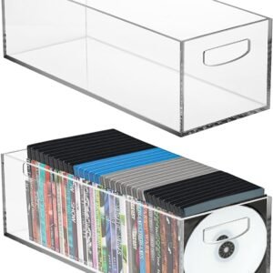oem/odm frcctre 2 pack acrylic dvd/cd storage box, clear dvd holder case with handles, stackable storage container shelf organizer bin for cds, video games, blu-ray, books, home, office wholesale supplier & factory