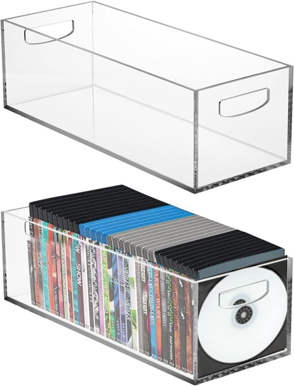 oem/odm frcctre 2 pack acrylic dvd/cd storage box, clear dvd holder case with handles, stackable storage container shelf organizer bin for cds, video games, blu-ray, books, home, office wholesale supplier & factory
