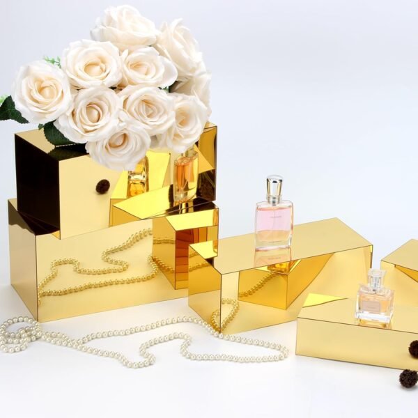 oem/odm rectangular acrylic food display risers, 5 pcs gold mirror boxes display nesting stands, buffet risers for table party dessert collectibles jewelry figures wholesale supplier & factory