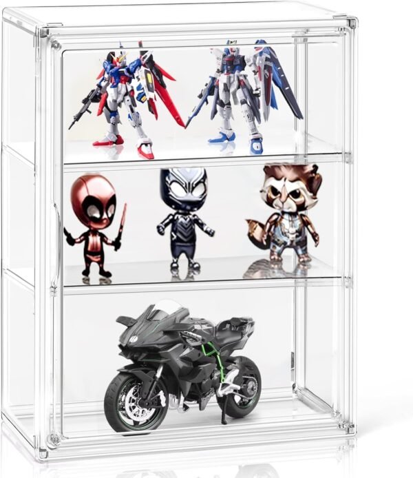 oem/odm clear acrylic display case for figures 3 tiers, desktop clear showcase with 2 adjustable divider storage box cabinet organizer for collectibles, action figure wholesale supplier & factory