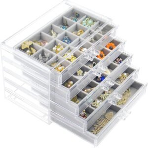 oem/odm acrylic jewelry box with 5 drawers, clear earring storage organizer display case for women girls, gray wholesale supplier & factory