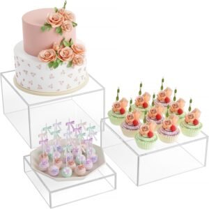 oem/odm maxgear 3 pcs acrylic buffet risers, food display stand for buffet table, dessert cube boxes with hollow bottoms for party food display, catering, 8"x9"x10", clear wholesale supplier & factory