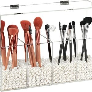oem/odm acrylic makeup organizer, clear cosmetic brush storage box with 4 brush holders,makeup brush holder with dust cover, large-capacity split design can quickly organize the desktop（no pearls） wholesale supplier & factory