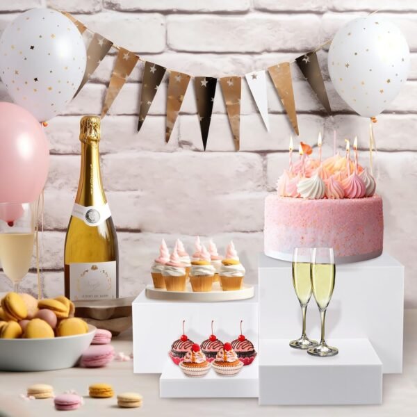 oem/odm buffet risers white food risers for buffet table, acrylic food display stand shelf for catering dessert party decor, square cube display base with hollow bottoms, 4 pcs 5" 6" 7" 8" wholesale supplier & factory