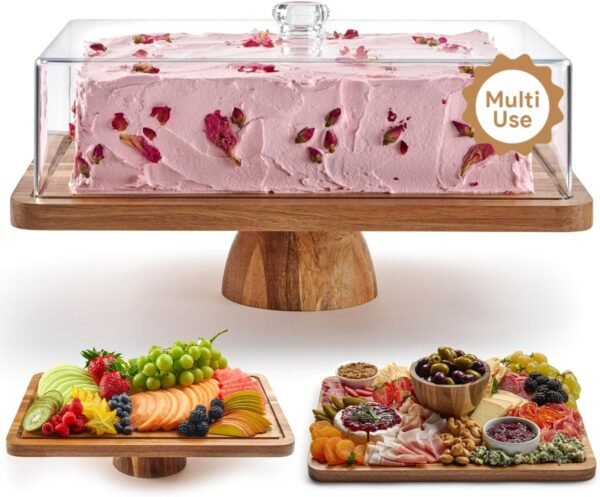 oem/odm acacia wood cake stand with lid - rectangular cake holder, 2-in-1 dessert table display set & charcuterie board for cheese, chips, fruit platter, large acrylic cake dome cover, no glass wholesale supplier & factory