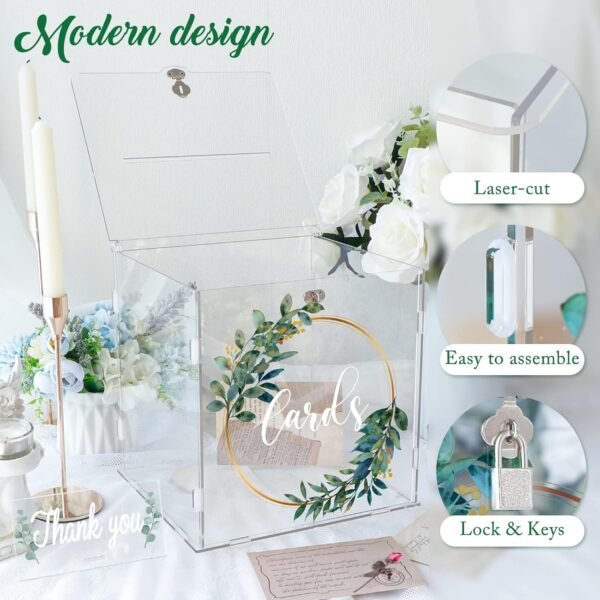 oem/odm ourwarm clear acrylic card box with lock & slot, thick diy wedding card box for wedding reception, large money gift box eucalyptus graduation card box for party graduation birthday baby shower wholesale supplier & factory