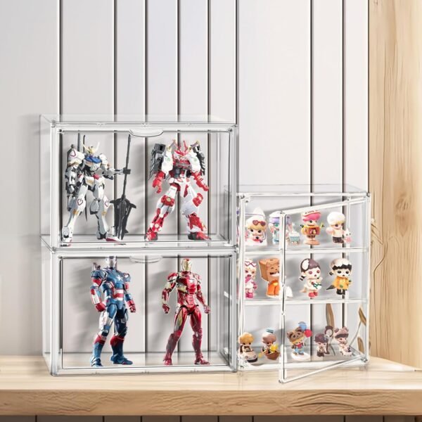 oem/odm clear acrylic display case for figures 3 tiers, desktop clear showcase with 2 adjustable divider storage box cabinet organizer for collectibles, action figure wholesale supplier & factory