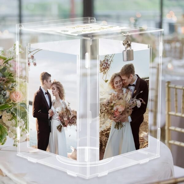 oem/odm acrylic wedding card box with picture frame, clear gift card box for wedding reception, large rotatable money envelope card box holder with lock for graduation party birthday baby shower wholesale supplier & factory
