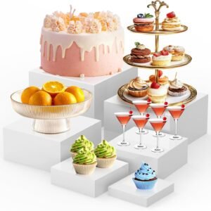oem/odm 6pcs buffet risers,food risers for buffet table display stand shelf for party catering desset jewelry collectibles acrylic cube boxes display nesting risers with hollow bottoms white wholesale supplier & factory