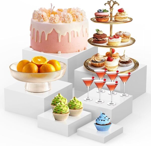 oem/odm 6pcs buffet risers,food risers for buffet table display stand shelf for party catering desset jewelry collectibles acrylic cube boxes display nesting risers with hollow bottoms white wholesale supplier & factory