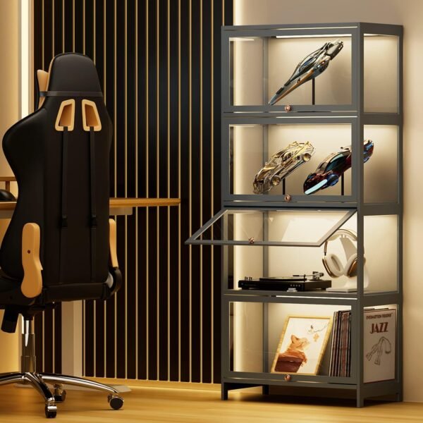 oem/odm monibloom 4-tier display cabinet with acrylic doors - 55” transparent bamboo display case for figures and curio collection, floor standing - grey wholesale supplier & factory